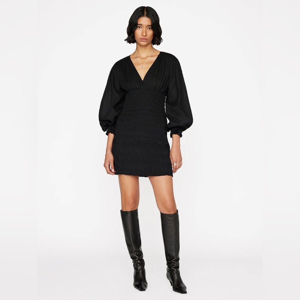 NWT $548 Frame Smocked Cotton Long Sleeve Mini Dress Black Sz S